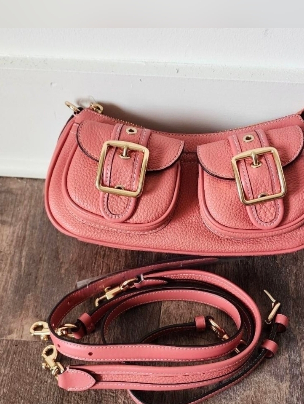 Coach Pink Pebbled Leather Shoulder Bag with Gold Buckles